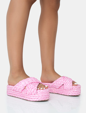 Kos Pink Raffia Cross Over Strap Slip On Flatform Sandals