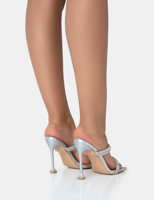 Regina Silver Sparkly Diamante Stiletto Square Toe High Heels