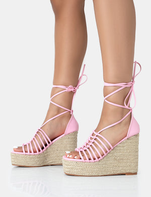 Reece Baby Pink PU Knot Strap Lace Up Raffia Wedge Heels