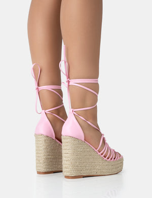 Reece Baby Pink PU Knot Strap Lace Up Raffia Wedge Heels