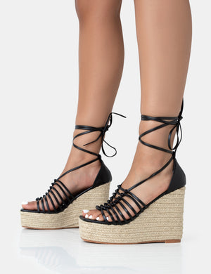 Reece Black PU Knot Strap Lace Up Raffia Wedge Heels