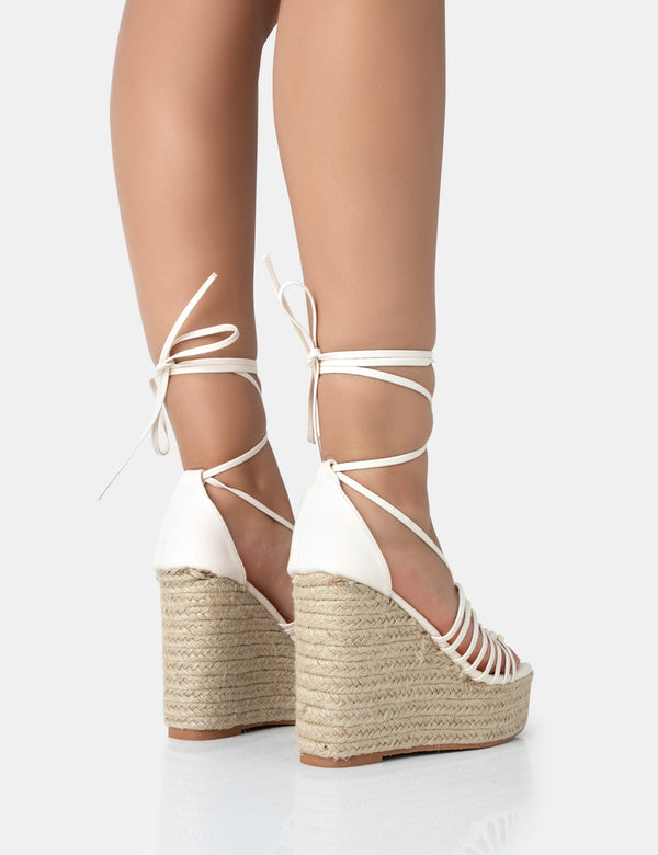 Reece Wide Fit Ecru Pu Knot Strap Lace Up Raffia Wedge Heels