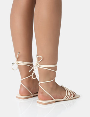 Kelly Ecru PU Lace Up Flat Square Toe Sandals