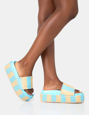 Seashore Blue Stripe Raffia Slider Flatform Sandals