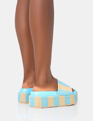 Seashore Blue Stripe Raffia Slider Flatform Sandals