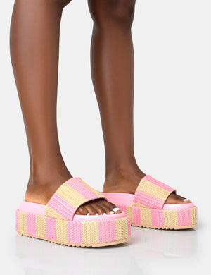 Seashore Pink Stripe Raffia Slider Flatform Sandals