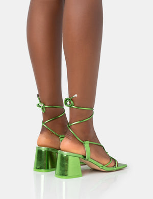 Aloha Green Metallic Lace Up Block Mid Heeled Sandals