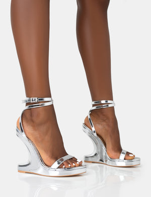 A-list Silver Mirror Barley There Wrap Around Platform Cut Out Wedge Heels