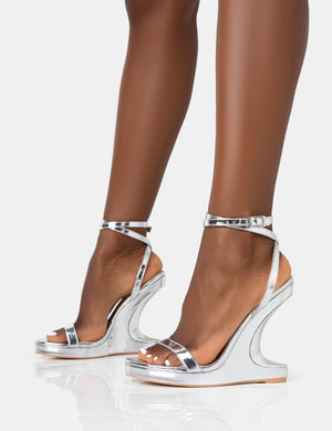 A-list Silver Mirror Barley There Wrap Around Platform Cut Out Wedge Heels