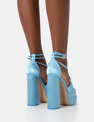 Breanna Wide Fit Baby Blue Satin Strappy Ankle Extreme Double Platform Block Heels