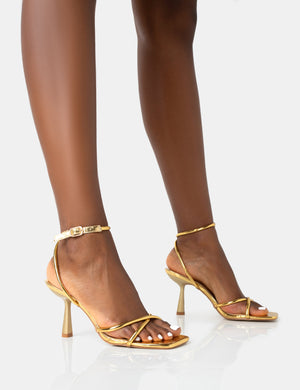 Bree Gold PU Barely There Square Toe Mid Stiletto Heels