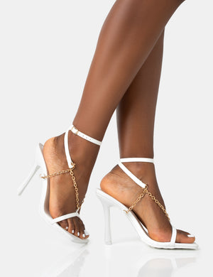 Catwalk White Pu Chain Strappy Square Toe Stiletto Heels