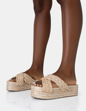 Kos Natural Raffia Cross Over Strap Slip On Flatform Sandals