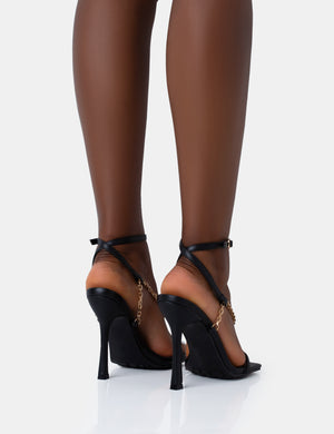 Catwalk Black Pu Chain Strappy Square Toe Stiletto Heels