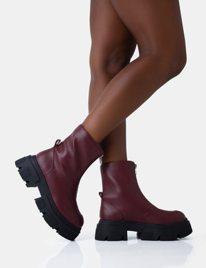 Bergen Burgundy Pu Zip Up Detailed Rounded Toe Chunky Soled Ankle Boots