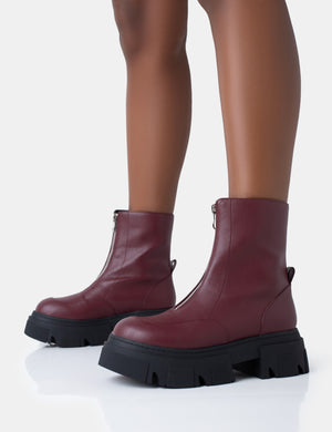 Bergen Burgundy Pu Zip Up Detailed Rounded Toe Chunky Soled Ankle Boots