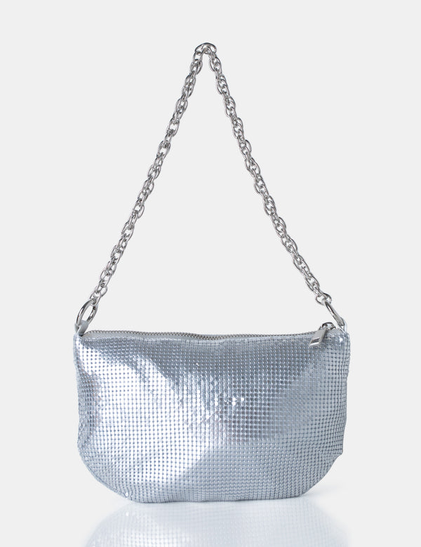 Slouch Silver Diamante Chainmail Baguette Chain Detail Shoulder Bag