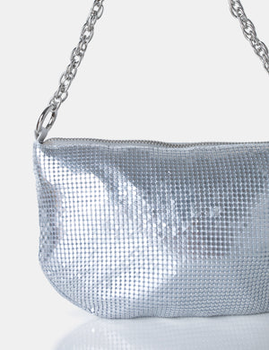 Slouch Silver Diamante Chainmail Baguette Chain Detail Shoulder Bag