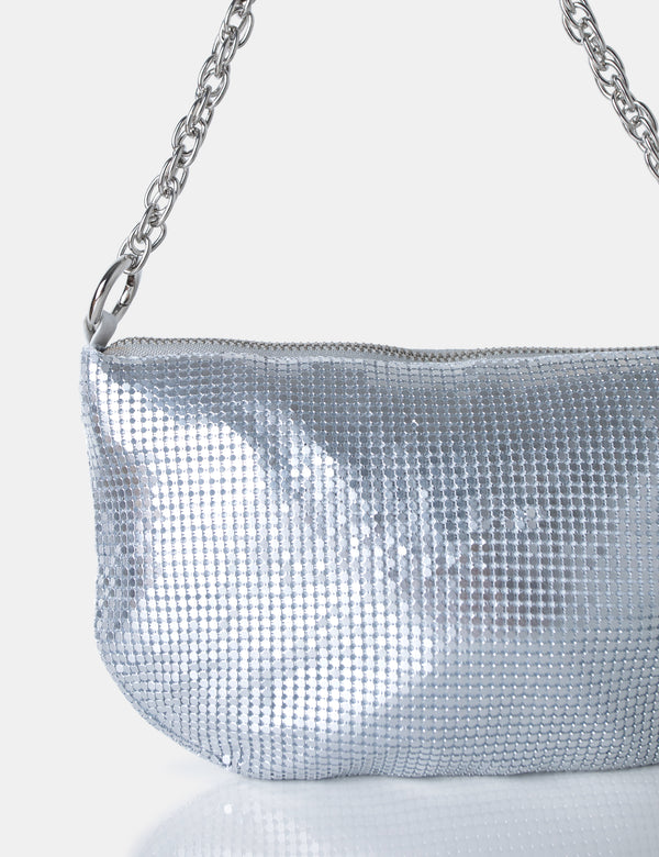 Slouch Silver Diamante Chainmail Baguette Chain Detail Shoulder Bag