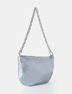 Slouch Silver Diamante Chainmail Baguette Chain Detail Shoulder Bag