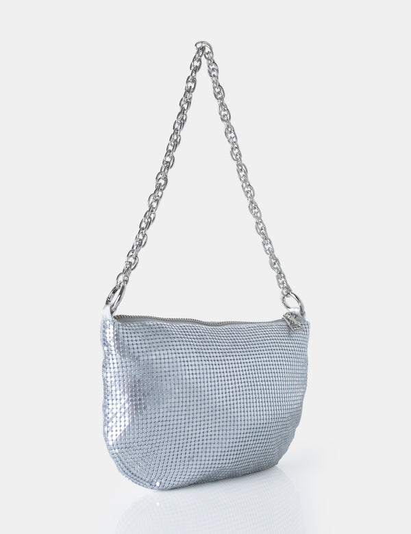 Slouch Silver Diamante Chainmail Baguette Chain Detail Shoulder Bag