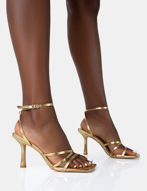 Mademoiselle Gold PU Strappy Square Toe Mid Stiletto Heels
