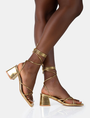 Aerin Gold Pu Lace up Strappy Square Toe Block Mid Heels