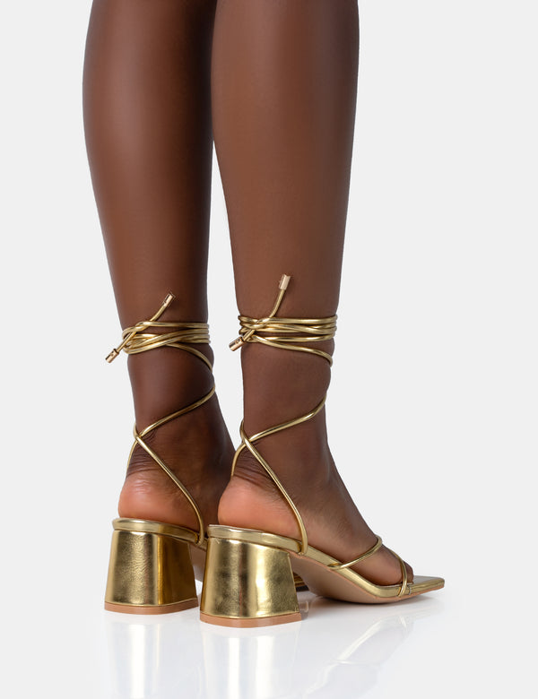 Aerin Gold Pu Lace up Strappy Square Toe Block Mid Heels