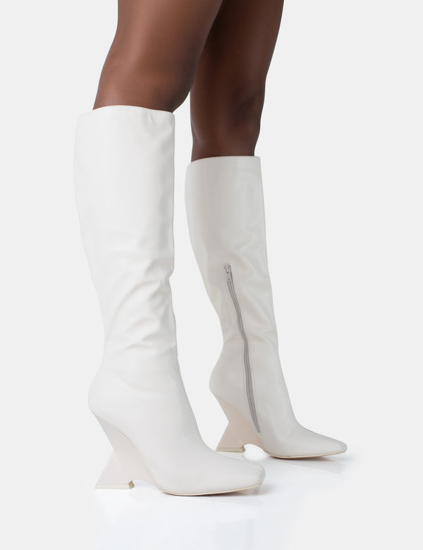 Vanessa Ecru PU Inverted Wedge Square Toe Heeled Knee High Boots