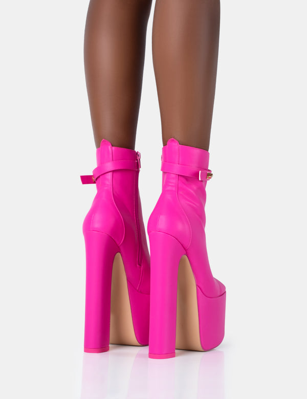 Vally Hot Pink PU Extreme Platform Square Block Heeled Ankle Boots