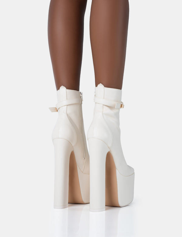 Vally Ecru PU Extreme Platform Square Rounded Toe Block Heeled Ankle Boots