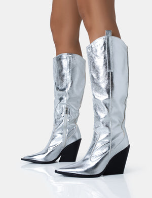 Nevada Silver Metallic Wide Fit Western Cowboy Pointed Toe Block Heel Knee High Boots