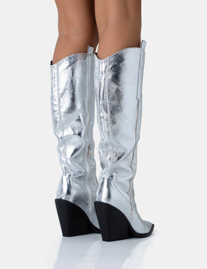 Nevada Silver Metallic Western Cowboy Pointed Toe Block Heel Knee High Boots