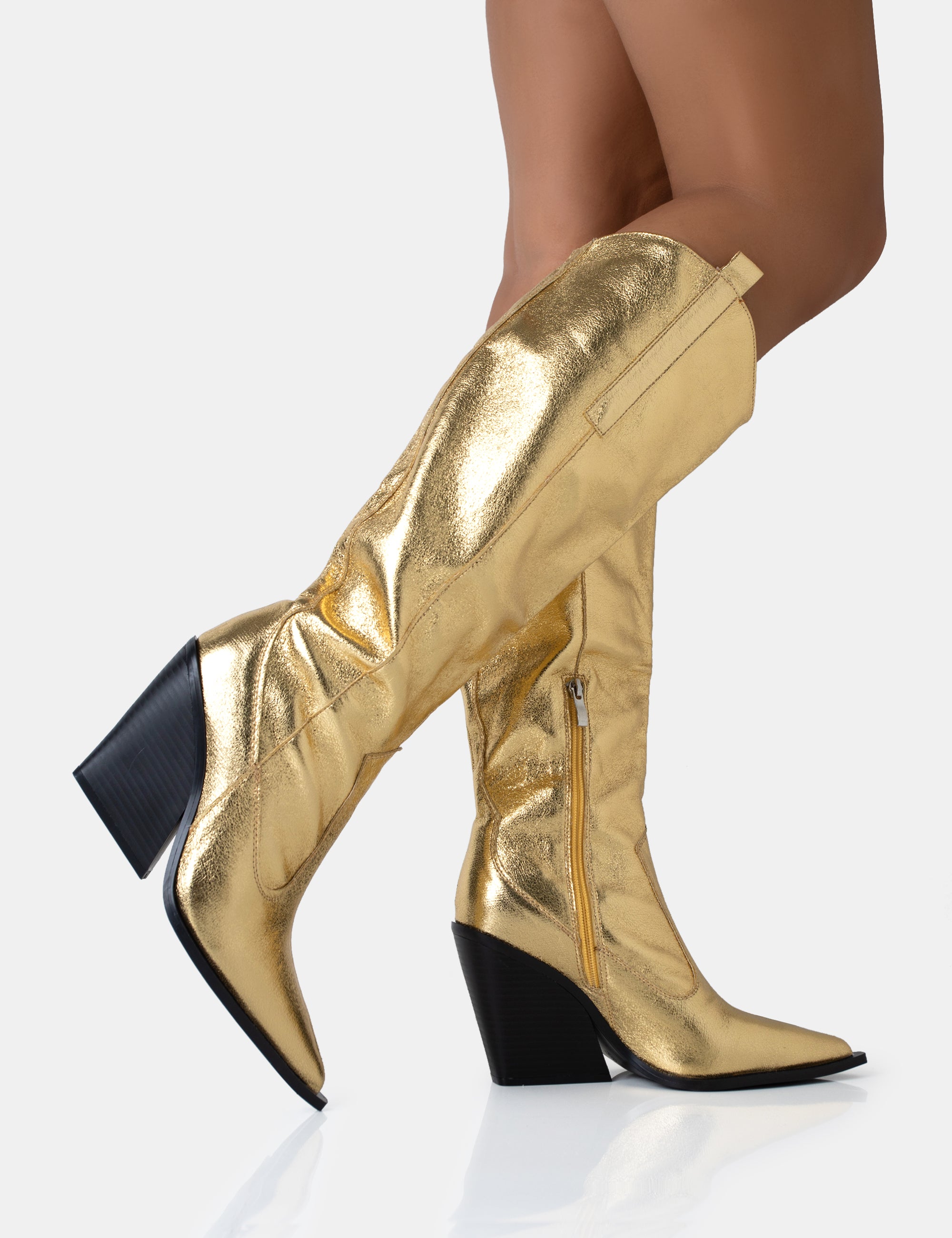 Nevada Gold Metallic Western Cowboy Pointed Toe Block Heel Knee