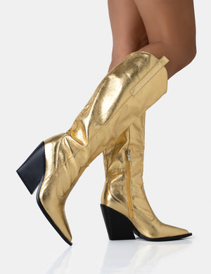 Nevada Gold Metallic Western Cowboy Pointed Toe Block Heel Knee High Boots