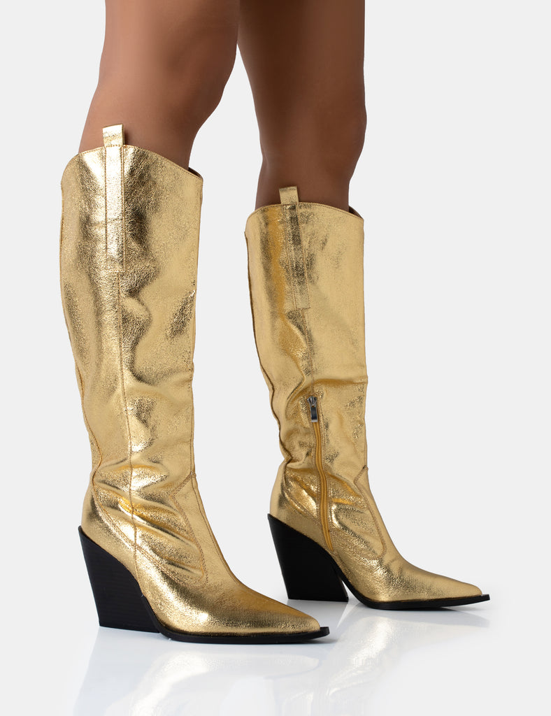 Nevada Gold Metallic Western Cowboy Pointed Toe Block Heel Knee