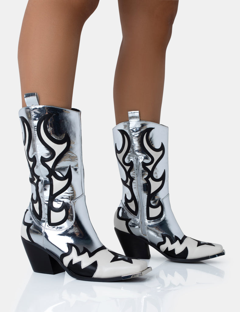 Starrie Silver Mirror Pu Metal Square Toe Heeled Cowboy Ankle Boot Public Desire