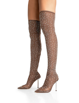 It Girl Chocolate Diamante Holographic Detailed Mesh Pointed Toe Stiletto Sock Boot Heels