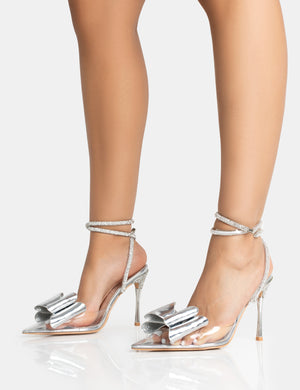 Angelic Silver Mirror Perspex Bow Diamante Wrap Around Pointed Court Stiletto Heel