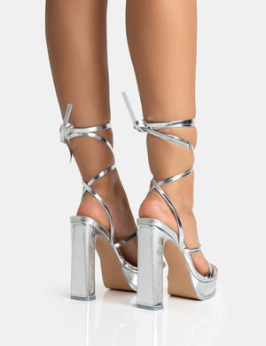Gimme Gimme Silver PU Strappy Lace Up Block Heels