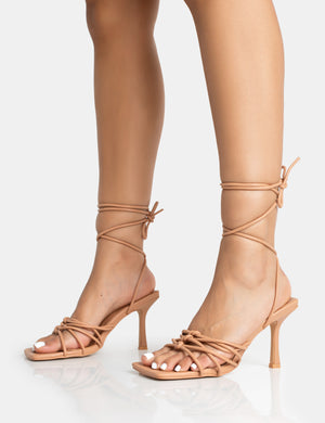 Keri Nude Pu Strappy Lace Up Mid Heels