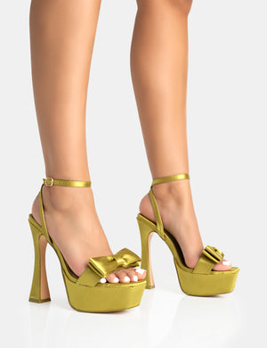 Dreamer Olive Green Satin Extreme Bow Ankle Strap Platform Square Toe Flared Stiletto Heels