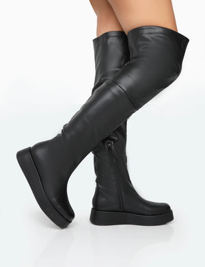 Erica Wide Fit Black Pu Chunky Platform Over The Knee Boots