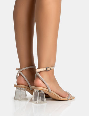 Joselyn Wide Fit Nude Pu Diamante Barely There Perspex Mid Heels