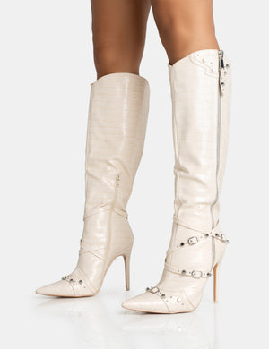 Worthy Ecru Croc Studded Zip Detail Pointed Toe Stiletto Knee High Boots