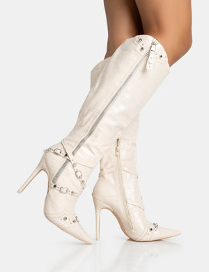 Worthy Ecru Croc Studded Zip Detail Pointed Toe Stiletto Knee High Boots