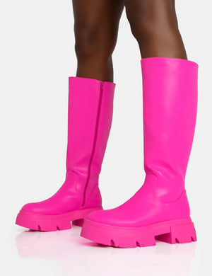 Scorpio Hot Pink Rubberised Pu Rounded Toe Chucky Sole Knee High Boots