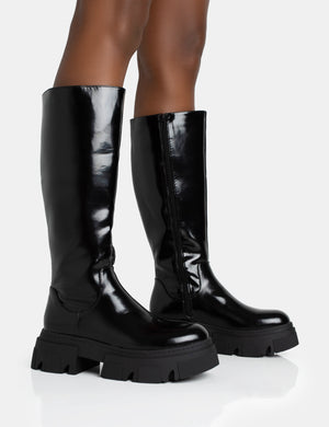 Scorpio Black Rubberised Pu Rounded Toe Chucky Sole Knee High Boots