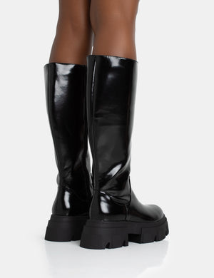 Scorpio Black Rubberised Pu Rounded Toe Chunky Sole Knee High Boots