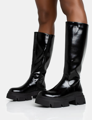 Scorpio Black Rubberised Pu Rounded Toe Chucky Sole Knee High Boots